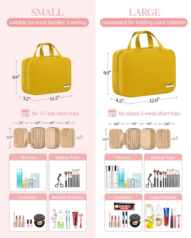 HOTOR Travel Toiletry Bag - Hanging Toiletry Bag for Women & Men, Makeup Bag/Big Comparment, Waterproof for Travel Accessories, Travel Essentials, Medium, Yellow - color: Yellow, size: Medium