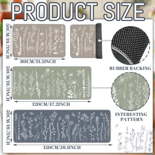 Drydiet 3 Pieces Burlap Anti Slip Rubber Backing Kitchen Mat Set Rugs for Floor 16.54 x 31.5 47.24 59.06 Inch Floral Runner for Sink Laundry Room Entryway