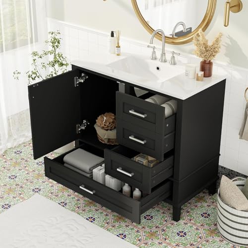 Linique 36" Modern Bathroom Vanity with Sink Combo Set, Bathroom Storage Cabinet with a Soft Closing Door and 3 Drawers, Black - color: Black, size: 36"/ Door without Organizer