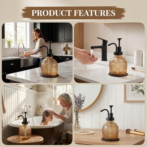 Vintage Glass Soap Dispenser 2 Pack for Bathroom Kitchen, with Black Pump and Non-Slip Mat, Refillable for Hand Soap, Dish Soap, Lotion, Shower Gel, Modern Farmhouse Decor (8 oz, Brown) - color: Brown
