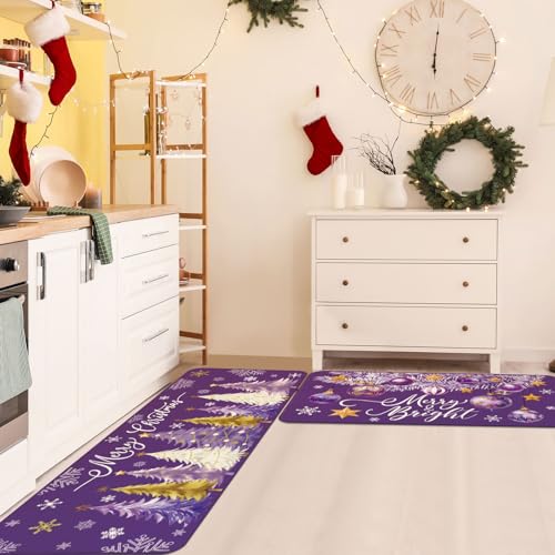 Drydiet 3 Pcs Purple Christmas Kitchen Rug and Mat Set Washable Purple Xmas Tree Kitchen Floor Mats Waterproof Non Slip Farmhouse Merry Christmas Doormat Holiday Xmas Decor for Home Office Bathroom - color: Purple, style: Christmas Tree