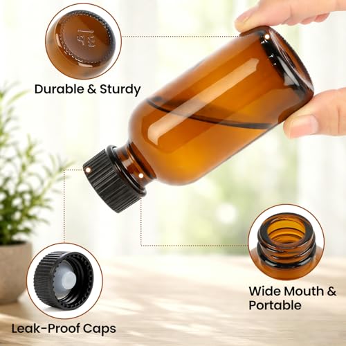 TBWIND 54 Pack 2oz Amber Glass Boston Round Bottles with Airtight Caps | Travel Size Bottles for Essential Oils, Perfume, Vanilla Extract, Tinctures & DIY Sample with Droppers, Labels & Funnels - size: 2oz