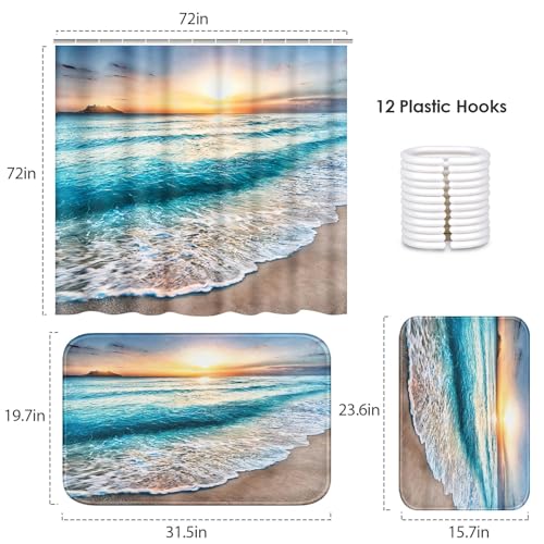 ArtSocket Beach Bathroom Set with Shower Curtain and Rugs and Accessories, Sunrise Over Sea Shower Curtain Set, Sunset Ocean Bathroom Decor 3 Pcs - color: Modern 6