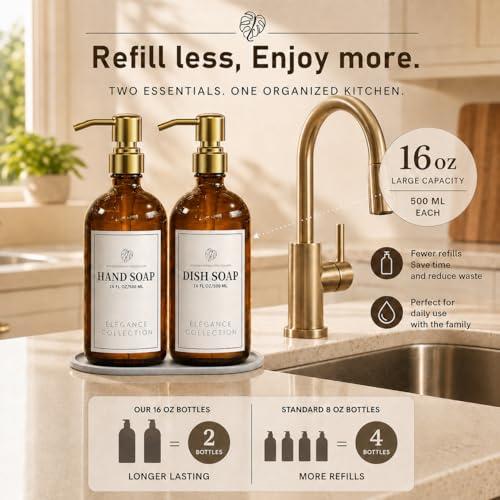 Fachixy Amber Glass Soap Dispenser (2 Pack), 16 Fl Oz Hand & Dish Soap Dispenser Bottles Set with Rust-Resistant Stainless Steel Pump, Non-Slip Pad, 14 Waterproof Labels for Kitchen and Bathroom - color: Amber