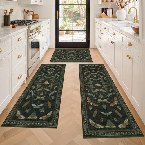 JTJ Botanical Insect Kitchen Rug Set of 3, Dark Green Nature Inspired Floor Mats with Non-Slip Backing, Washable Low Pile Runner for Sink and Stove - color: Insect - Dark Green