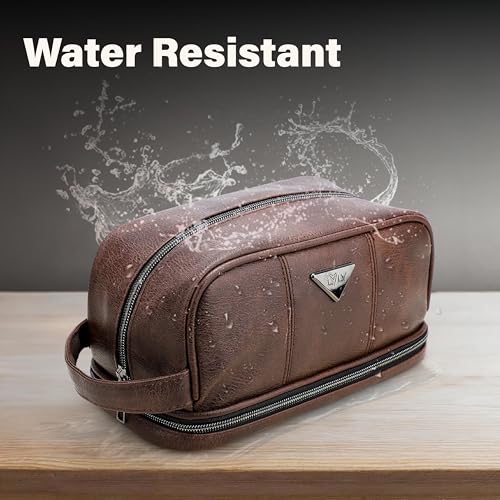 emissary Leather Travel Toiletry Bag for Men, Dopp Kit - Coffee | Water-resistant leather, large capacity + organizer pockets; refined men's travel Dopp kit, carry-on ready - color: Brown
