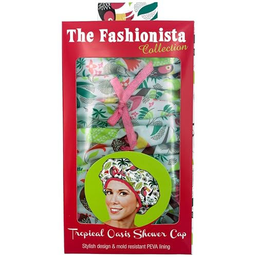 Reusable Bath & Shower Cap Lined, Oversized Waterproof Shower Caps Large Designed for all Hair Lengths with PEVA Lining & Elastic Band Stretch Hem Hair Hat - Fashionista Tropical - color: Tropical