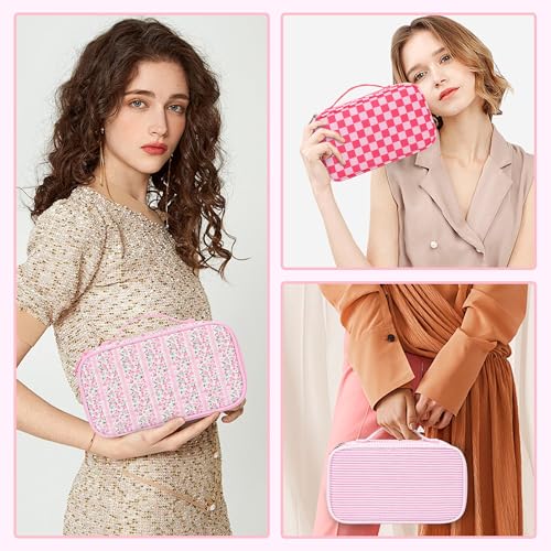 Relavel Cute Makeup Bag for Girls, Portable Pink Cosmetic Bag, Dual-layer Makeup Pouch with Brush Holder, Multi-Functional Preppy Toiletry Organizer for Travel, Daily Use - Pink Flower - color: 01C-Floral Pink, size: MEDIUM