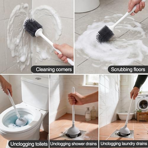 Lefree, 2 in 1 Toilet Brush and Plunger Set with Silicone Bristles, Plastic Material, Includes Holder, White/Black, for Deep Cleaning - color: A-white, size: 2 Pack