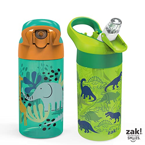 Zak Designs 16oz Riverside Kids Water Bottle with Spout Cover and Built-in Carrying Loop, Made of Durable Plastic, Leak-Proof Water Bottle Design for Travel (Dino Camo & Safari, Pack of 2) - color: Dino Camo & Safari