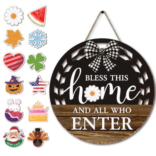 Seasonal Interchangeable Bless This Home Hanging Sign - Farmhouse Front Door Decoration for Spring All Seasons Holidays - Rustic Round Wood Wreaths with 12 Icons(Brown) - color: blessbrown