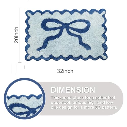 ORTIGIA Cute Blue Coquette Bow Bath Mat, Fun Plush Microfiber Scallop Bathroom Rugs Non Slip Washable Quick Dry Absorbent, Bath Rug Carpet for Shower Stall Vanities Kitchen Floor Entrance, 20x32 - color: Blue Bow, size: 1'8" x 2'8" (Scalloped)