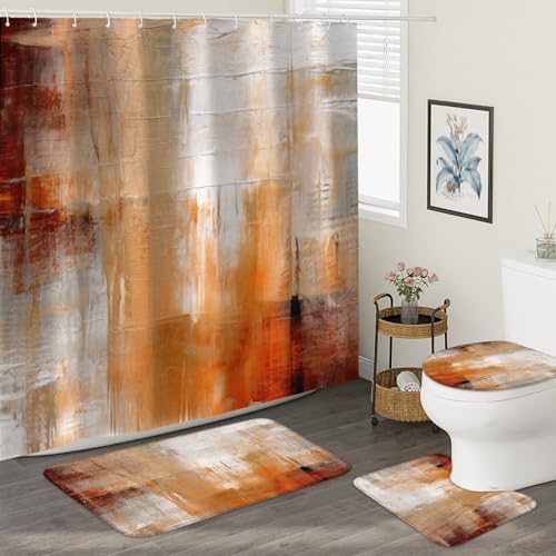 4Pcs Burnt Orange Abstract Shower Curtain Set, Rust Brown Bathroom Shower Curtain with Rugs and Accessories,with Non-Slip Rugs, Toilet Lid Cover and Bath Mat for Bathroom Set Decor - color: Orange Brown