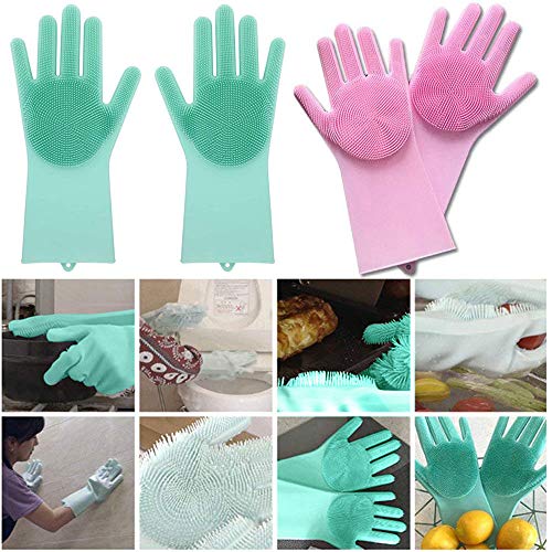 Silicone Dishwashing Gloves, Pet Grooming Rubber Scrubbing for Dishes, Sponge Wash Cleaning with Scrubbers (13.6" L) - color: Pink