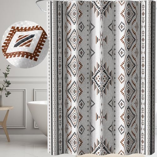 HunnmingRe Western Shower Curtain Waffle Southwest Aztec Geometric Stripes Fabric Shower Curtain Set with Hooks for Bathroom 72 x 72 Inches Farmhouse Boho Bath Curtains(Brown) - color: Brown