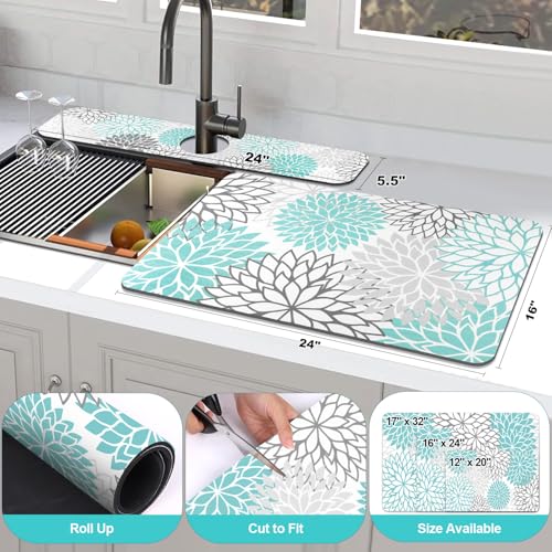 Findosom 2PCS 16" x 24" Dish Drying Mat & 24" x 5.5" Sink Splash Guard, Super Absorbent & Cuttable Dish Mat Drying Kitchen Mat with Teal Floral, Hide Stain Drying Mat for Kitchen Counter - color: Teal, size: 16" X 24" + 24" X 5.5"