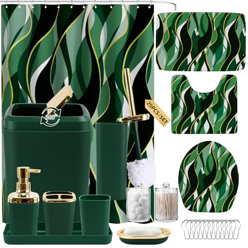 XLHOMO Bathroom Set - Green and Gold Bathroom Accessories, Bathroom Sets with Shower Curtain and Rugs, Green Shower Curtain Set with Bathroom Trash Can, Soap Dispenser, Soap Dish for Home Decor - color: Stripe Green & Gold, size: Complete Set + Bath Rugs
