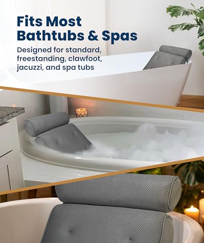 Everlasting Comfort Luxury Bath Pillow for Tub – Quick-Dry 4D Mesh – Gray | Head/Neck/Back Support, Non-Slip Suction Cups, Machine Washable, Drying Hook, Bath/Spa/Jacuzzi Essentials - color: Gray, size: Standard