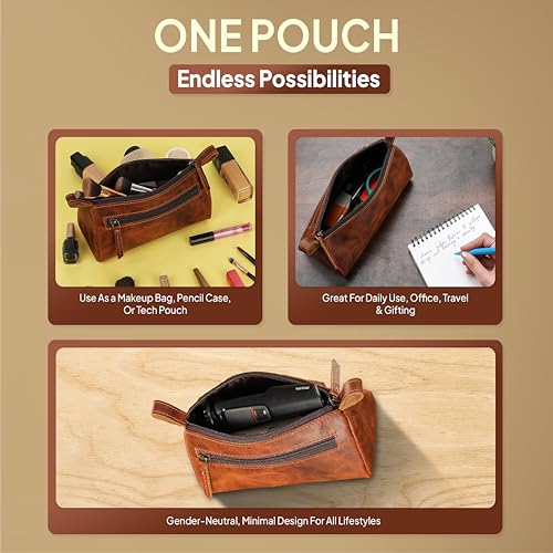 Leather Makeup Bag for Women – Genuine Leather Cosmetic Bag Travel, Handmade Zippered Makeup Pouch, Small Toiletry Bag, Shaving Kit & Stationery Organizer- Tan - color: Tan
