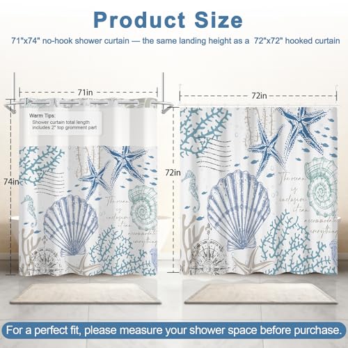 No Hook Shower Curtain with Snap in Liner, Waterproof Ocean Shower Curtain with Mesh Top Window and Weighted Hem, Coastal Underwater Seascape Summer Shower Curtains for Bathroom, 71"W x 74"L - color: Underwater Ocean