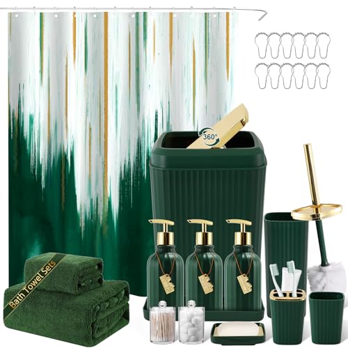 32PCS Bathroom Accessory Set Green Bathroom Accessories Bathroom Set, Shower Curtain Set, 2 Piece Bath Towel Set, 3PC Soap Dispenser, Toilet Brush & Trash Can - size: Bath Set + Oil Painting Shower Curtain + Towel Set, style: Dark Green