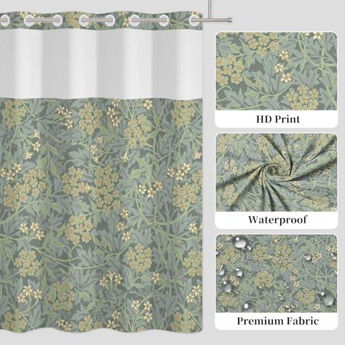 No Hook Farmhouse Floral Shower Curtain with Snap in Liner Set | 71x74 Inch Shower Curtains for Classic Farmhouse Bathroom, Sage Green Botanical Garden Bath Curtain with Mesh Top Window - color: Floral-a