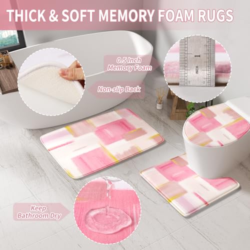 XLHOMO Bathroom Accessories Set - 25PC Bathroom Set with Shower Curtain and Rugs, Pink Bathroom Set, Bathroom Accessory Set with Press-on Lid Trash Can, Soap Dispenser and Qtip Holders - color: Pink & Gold, size: Plaid Complete Set + Bath Rugs