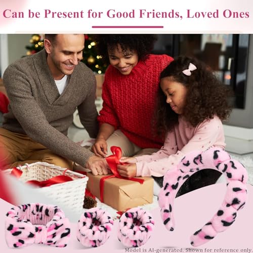 Face Washing Headband and Wristband Set, Leopard | Soft absorbent fabric, snug head-hugging fit for face washing, skincare, makeup, masks, travel, women and teen girls - color: Pink leopard print