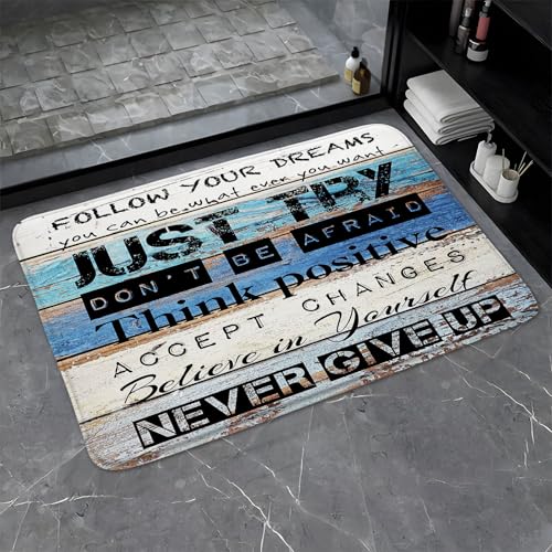 Inspirational Quote Bathroom Rugs Motivational Word Proverb Rustic Wooden Plank Blue Brown Vintage Barn Door Country Farmhouse Bath Mat Bedroom Kitchen Toilet Floor Doormat 20x31 - color: Grey, size: 20x31