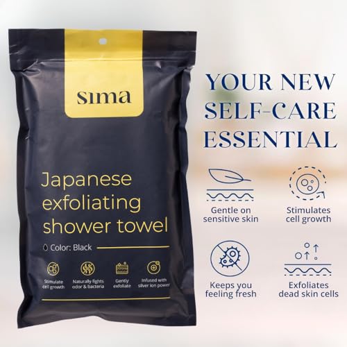 Sima Brand Exfoliating Washcloth Face & Body Scrub Towel - Japanese Exfoliating Towel with Hexagon Fibers, Body Scrubber with 2 Sides for Scrubbing & Washing, Extra Long Body Towels (Black) - color: Black