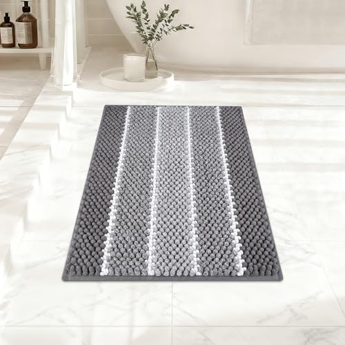 ArtyCozy Bathroom Rug, Extra Thick Absorbent Chenille Striped Pattern Shaggy Bath Mat Non Slip, Soft Plush Bath Floor Mats, Machine Washable, Grey, 17"x47" - color: Grey, size: 17" × 47"