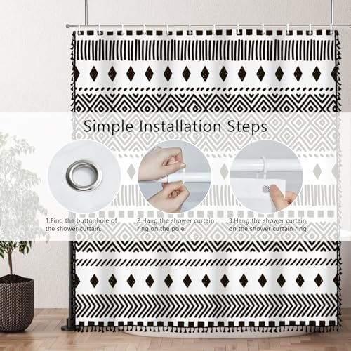 AOFOTO Bohemian Shower Curtain Black and White Geometric Design Shower Curtains with Black Tassel Boho Pattern Shower Curtains for Bathroom Waterproof Fabric Bath Curtain Sets with Hooks 70x70 Inches - color: Black Stripe, size: 70"W x 70"L (Pack of 1)