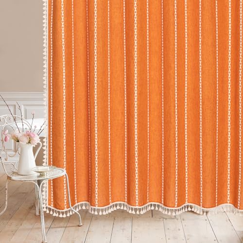 MitoVilla No Hooks Required Orange Boho Shower Curtain with Snap-in Liner, Farmhouse Cotton Linen Fabric Shower Curtains with Tassels for Rustic Neutral Bathroom Decor, Burnt Orange, 72 x 74 - color: Orange