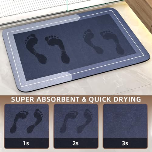 Large Bath Mat Rug, Rubber Non Slip Bath Mat Super Absorbent Quick Dry Bathroom Floor Mat Thin Bathroom Rugs Fit Under Door-Shower Rug for in Front of Bathtub Shower, Blue, Easy to clean, 23.6"x35.4" - color: Blue, size: 23.6"x35.4"