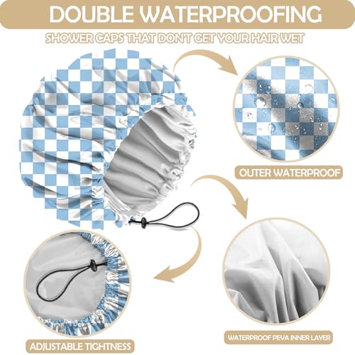 2 PCS Shower Cap Adjustable Reusable Double Waterproof Layer Elastic Hair Bath Cap Cute Aesthetic for Women Girls-Checkered - color: I2-Checkered