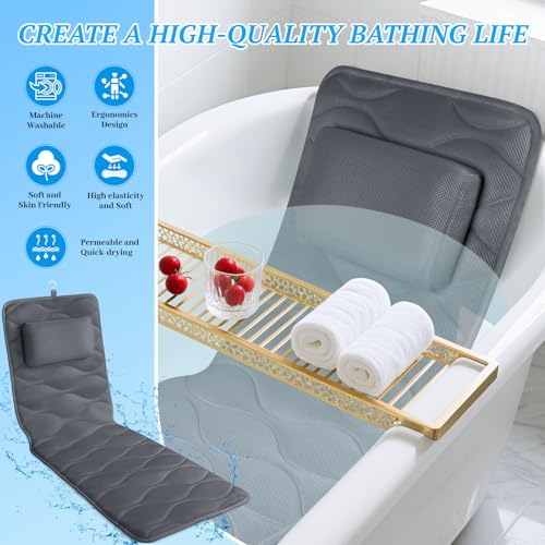 TranquilRelax Bath Pillow for Tub with Laundry Bag & 17 Non-Slip Suction Cups, Extra Thick and Soft Bathtub Pillow for Head, Neck & Shoulder Support, 56" x 16" Grey - color: Grey