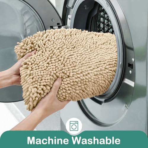 HOMEIDEAS Bathroom Rugs Set 2 Pieces, Ultra Soft Non Slip Absorbent Chenille Toilet Bath Mat Set (Beige) - color: Beige-beige, size: 1'8" x 2'8" (U Shape 20"x24"+20"x32")