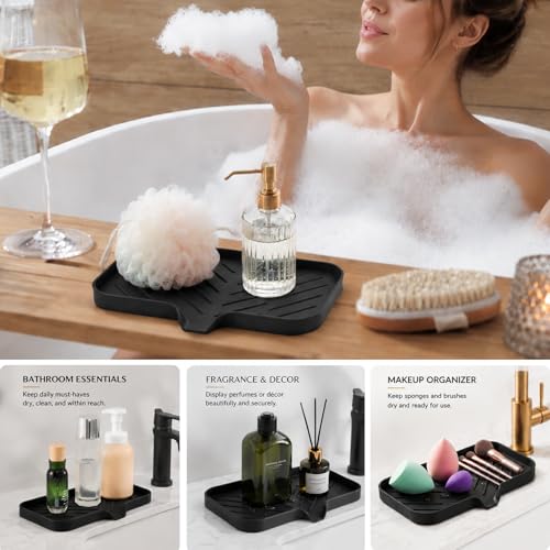 MicoYang Silicone Soap Dish with Drain Spout — Self-Draining Sink Organizer Tray for Bathroom & Kitchen, Sponges, Dispensers & Soap Holder, Non-Slip & Dishwasher Safe, Black (Medium, 9.6"×5.3") - color: Black, size: M(9.6"×5.3")