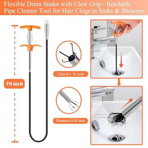 79 Inch Drain Snake Hair Drain Clog Remover Tool, Flexible Sink Snake Drain Cleaner Tool Set, Plumbing Snake for Toilet Sewer Shower Kitchen Bathroom Tub Clogged Hair Removal Cleaning Tool Set