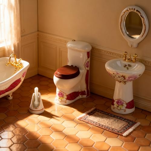 Dollhouse Bathroom Set 5PCS Miniature Porcelain Furniture 1/12 Victorian Dollhouse Furniture White Ceramic Toilet Bathtub Washbasins Decoration Accessory (Red) - style: Red