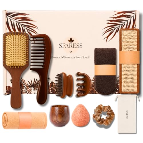 Eco Friendly Natural Spa Set for Women Gift Box with Wooden Comb Set, Bath Strap, Gua Sha, Facial Sponge, Self Care Kit Birthday, Mothers Day, Wellness, Relaxation Kit