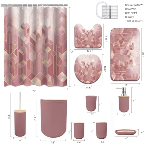 Lnond Pink Bathroom Set, Pink Abstract Cubes Bathroom Accessories Sets Complete, Luxury Restroom Set with Shower Curtain and Rugs, Trash Can, Toilet Brush Holder Set & Soap Dispenser - style: Pink