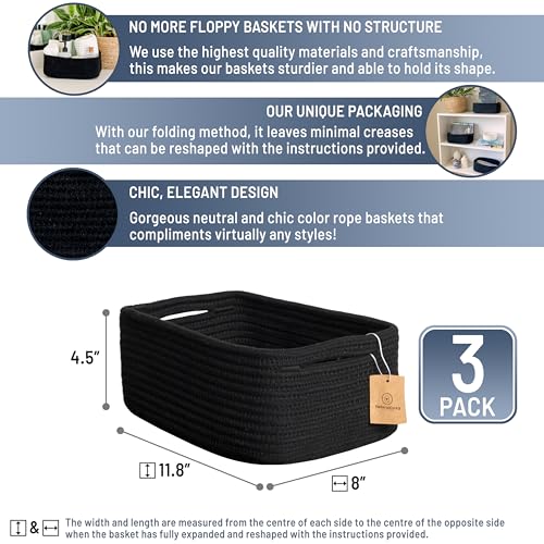 NaturalCozy 11.8"x8"x4.5” Rectangle Storage Baskets for Shelves 3 Pack | Cotton Rope Woven Small Baskets for Organizing | Small Storage Bins for Nursery, Bathroom, Closet, Shelf, Decorative, Gift - color: Black, size: 11.8" x 8" x 4.5"