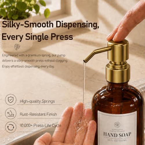 Fachixy Amber Glass Soap Dispenser (2 Pack), 16 Fl Oz Hand & Dish Soap Dispenser Bottles Set with Rust-Resistant Stainless Steel Pump, Non-Slip Pad, 14 Waterproof Labels for Kitchen and Bathroom - color: Amber