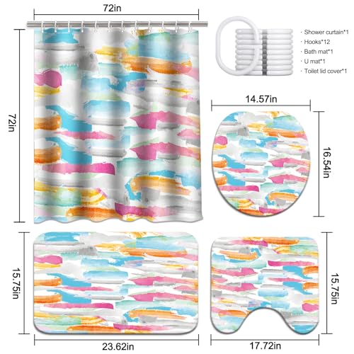 Lnond 4Pcs Abstract Shower Curtain Sets with Rugs, Watercolor Geometric Paint Bathroom Sets with Shower Curtain and Rugs and Accessories - color: Watercolor Geometric Paint
