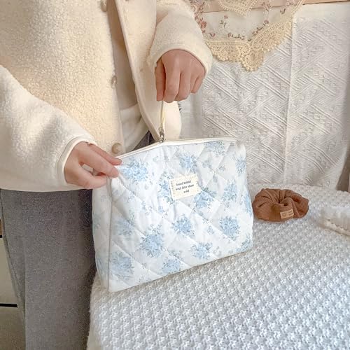 Sminra Makeup Bag Large Travel Quilted Cosmetic Makeup Bag Organizer, Floral Cotton Coquette Aesthetic Toiletry Bag for Women Girls (Blue Romantic Rose) - color: Blue Romantic Rose