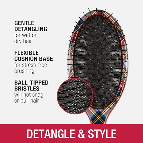 Conair Detangling Hair Brush Set 3 Pack, Use Wet and Dry and ideal for All Hair Types, Detangler Brushes for Women and girls, gifts for her, Tartan, Red, Green - color: Tartan, Red, Green, size: 3 Count Full Size