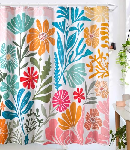 RoomTalks Cute Colorful Floral Faux Linen Shower Curtain Funky Aesthetic Bathroom Decor - Heavy Duty Modern Abstract Matisse Blue Pink Flowers Plants Botanical Shower Curtain Set - color: Blue and Pink, size: 72"W x 72"L (Pack of 1)