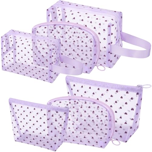 6 Pieces Zipper Mesh Makeup Bags Set, Nylon Cosmetic Bags Portable Clear Toiletry Bas Travel Organizer Bags for Office Travelling Organization (Purple Heart Printed, Assorted Size) - color: Purple Heart Printed