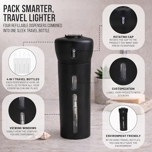 Travigo 4-in-1 Travel Dispenser Bottle Set, TSA Approved, Leak Proof, Reusable 1.4 oz. (40 mL) Toiletry Containers for Shampoo, Conditioner, Soap, Lotion, Skincare (2 Pack, Black & Pink) - color: 2 Pack (Black Pink)